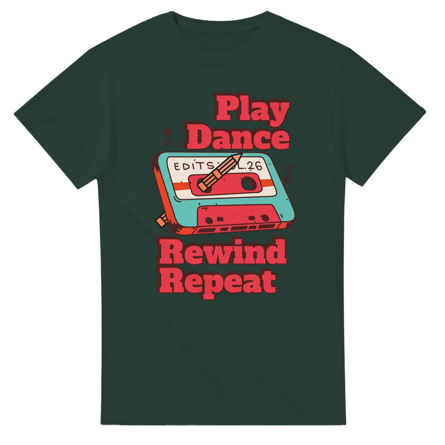 Retro Music Lovers T-Shirt - Play Dance Rewind Repeat - Vintage Audio Tee Funny cotton - Forest Green / S - T-shirt