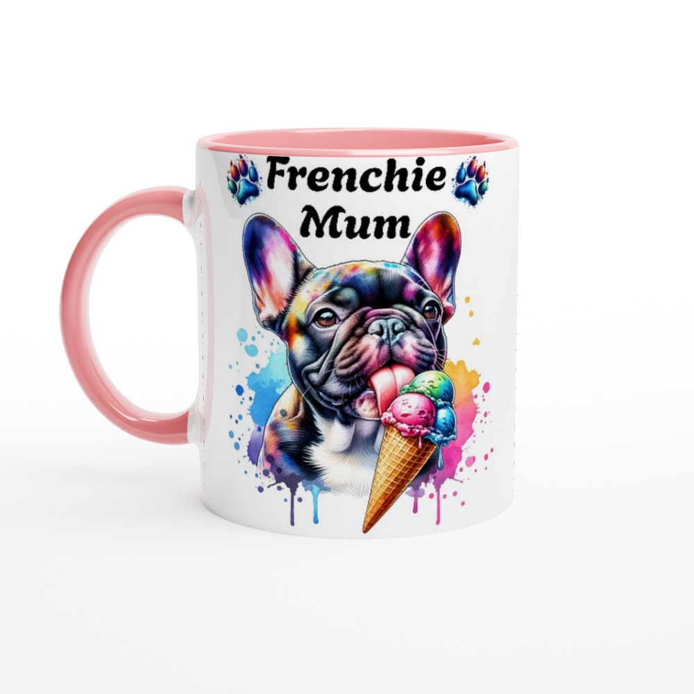 Cute Frenchie mum Ceramic mug French bulldog licking Ice cream. - Ceramic Pink - Print Material