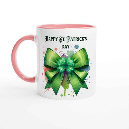 Happy St Patrick's Day Mug - Shamrock and Bow Design - Ceramic 250ml Coffee - Tea Cup - Dishwasher & Microwave Safe