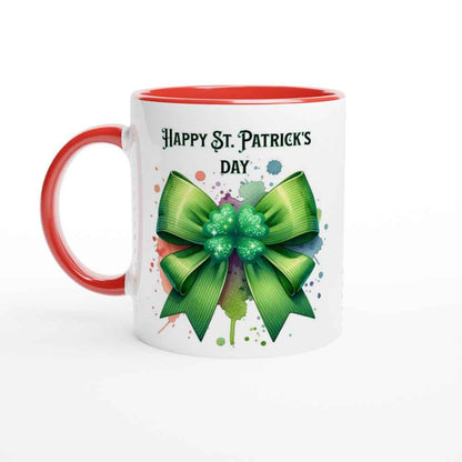 Happy St Patrick's Day Mug - Shamrock and Bow Design - Ceramic 250ml Coffee - Tea Cup - Dishwasher & Microwave Safe