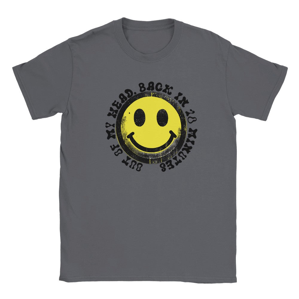 Happy Raver T-Shirt - Smiley Yellow Face with ’Out of My Head’ - Soft & Comfy Tee - Charcoal / S - T-shirt