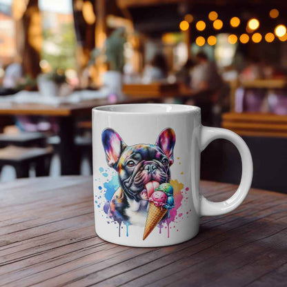 Cute Frenchie 250ml Ceramic Mug with Colour Inside – French Bulldog Licking Ice Cream | Unique Dog Lover Gift