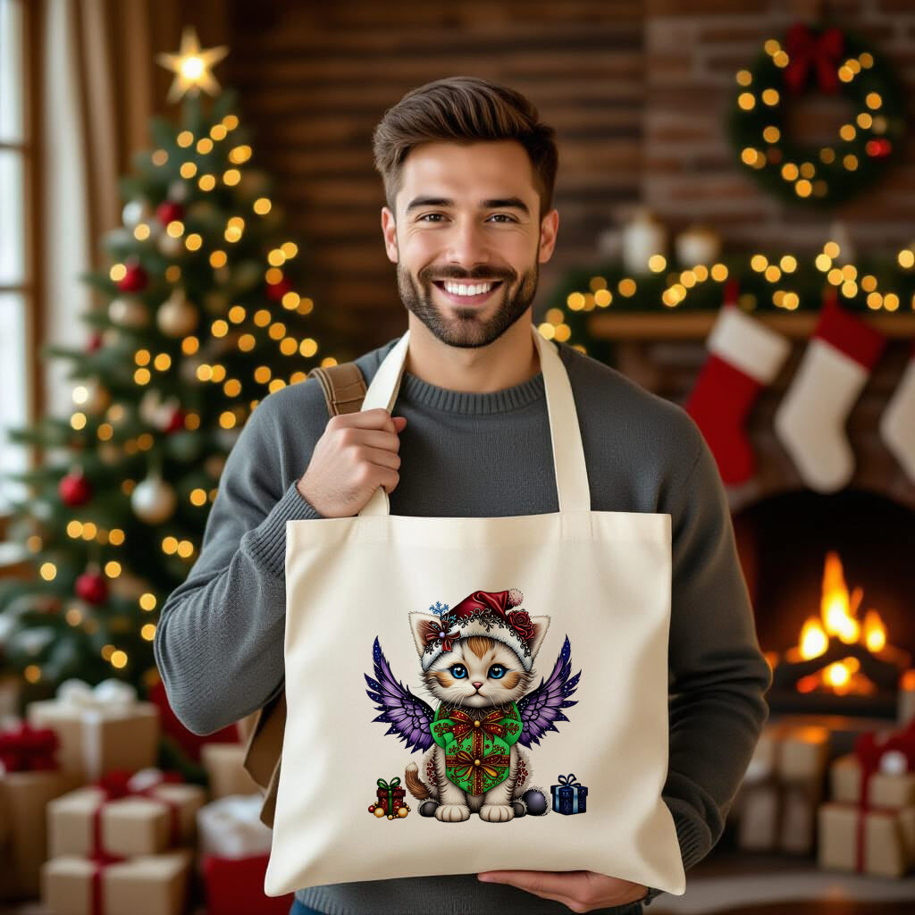 Fluffy Gothic Christmas Kitten Collection – T-Shirt Tile & Tote Bag - Tote bag / Kitty 5 - T-shirt