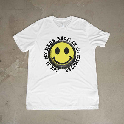 Happy Raver T-Shirt - Smiley Yellow Face with 'Out of My Head'  - Soft & Comfy Tee