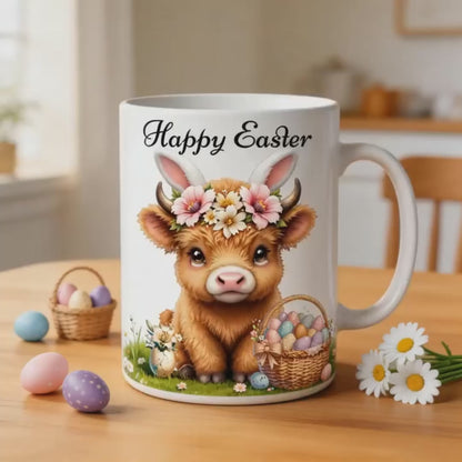 Easter Highland Cow Ceramic Mug – Cute Festive Easter Gift | 250ml Drinkware UK