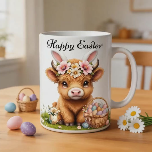 Easter Highland Cow Ceramic Mug – Cute Festive Easter Gift | 250ml Drinkware UK