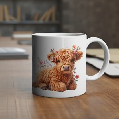 Highland Calf Knit Style Ceramic Mug – Cute Highland Cow Gift | 250ml Glossy White Coffee Cup UK