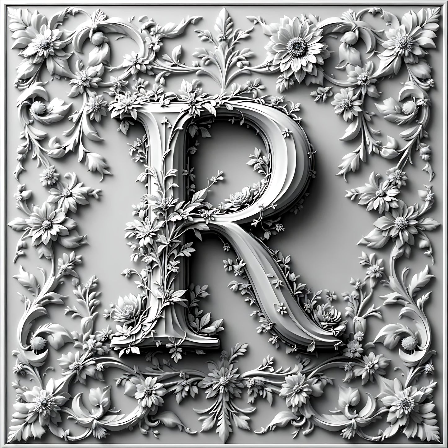 Black & White Floral Alphabet & Numbers – Elegant Decorative Design Set - R - Tiles