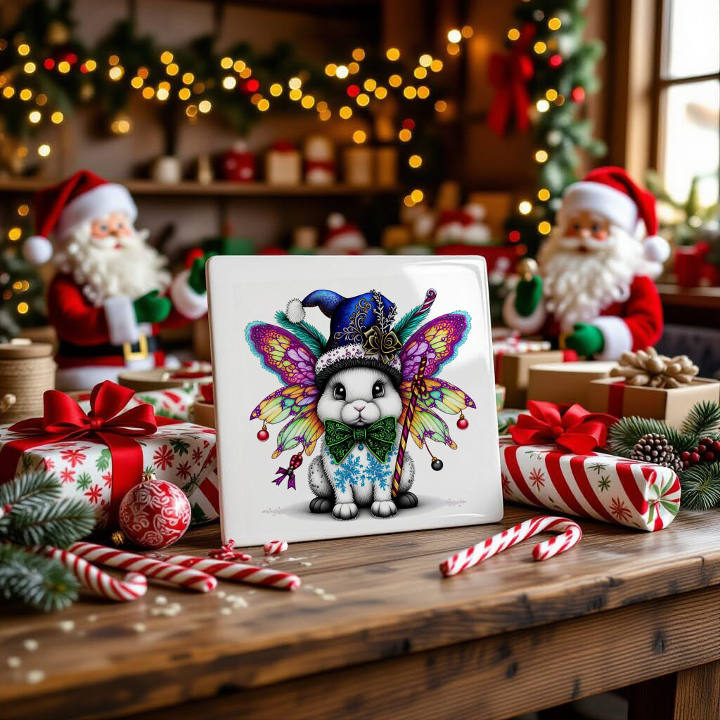 Fluffy Gothic Christmas Bunny Collection – T-Shirt Tile & Tote Bag - Tile / Bunny 5 - T-shirt