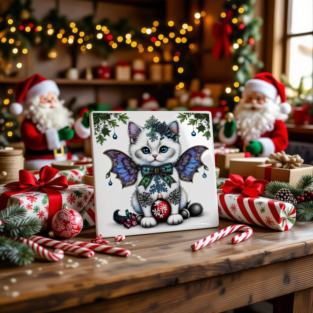 Fluffy Gothic Christmas Kitten Collection – T-Shirt Tile & Tote Bag - Tile / Kitty 1 - T-shirt
